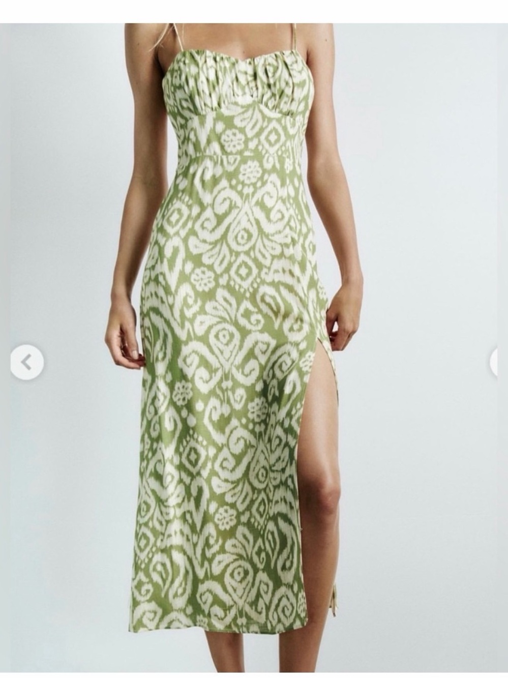 Zara Olive Green Ikat Print Midi Dress Open Back Size Medium